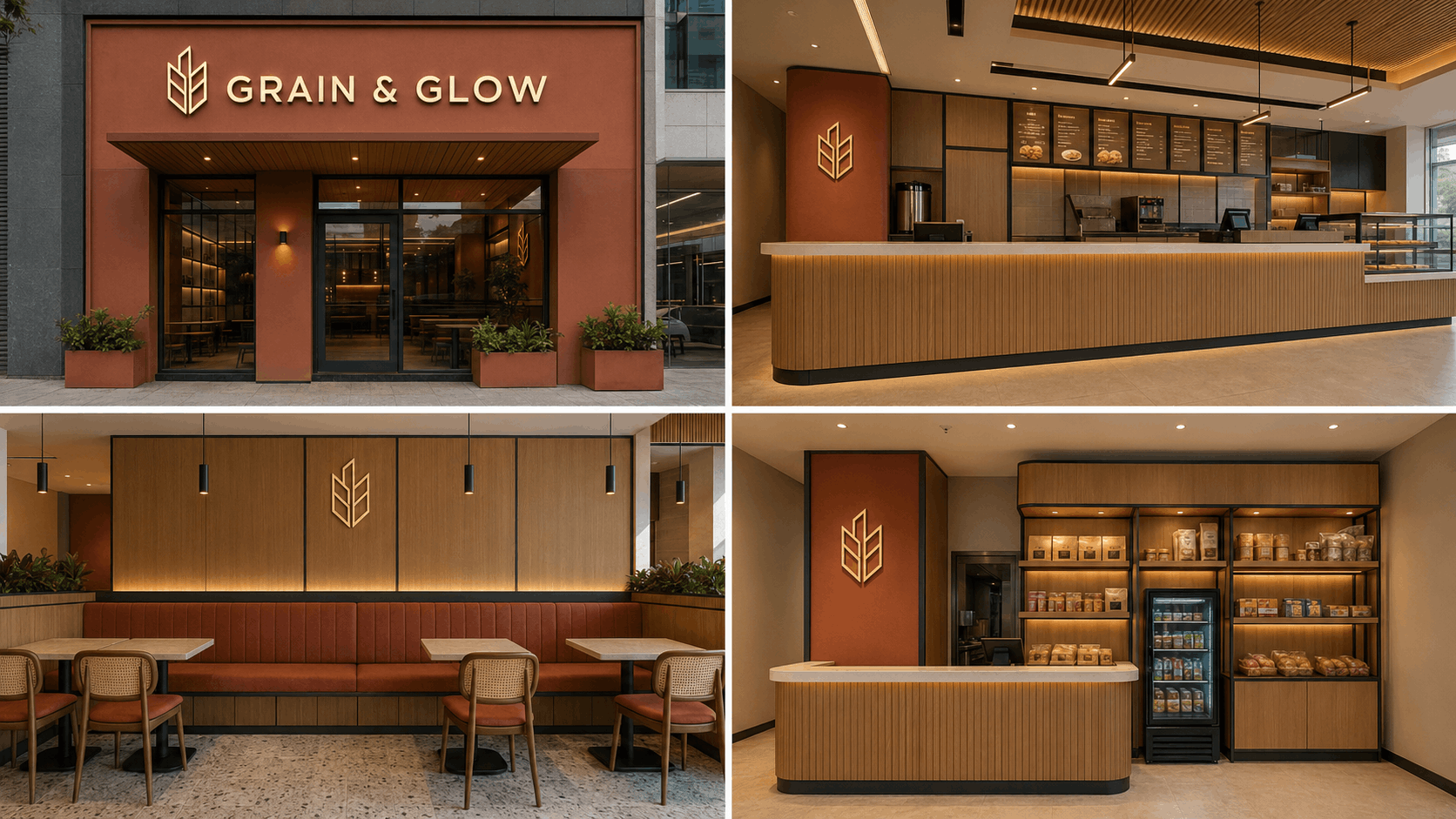 Four views of the same Grain & Glow outlet showing consistent façade signage, counter design, seating, and retail shelving